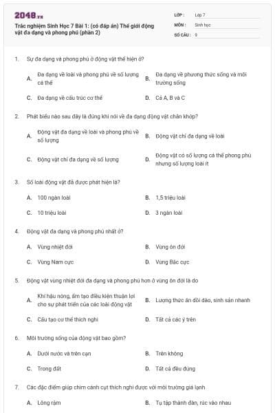 Trắc nghiệm Sinh Học 7 Bài 1: (có đáp án) Thế giới động vật đa dạng và phong phú (phần 2)
