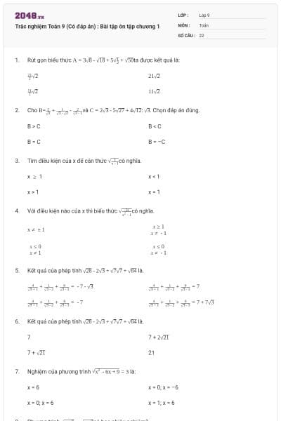 Trắc nghiệm Toán 9 (Có đáp án) : Bài tập ôn tập chương 1