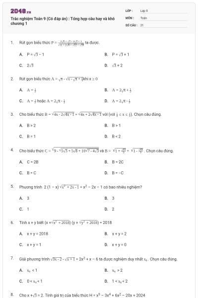 Trắc nghiệm Toán 9 (Có đáp án) : Tổng hợp câu hay và khó chương 1