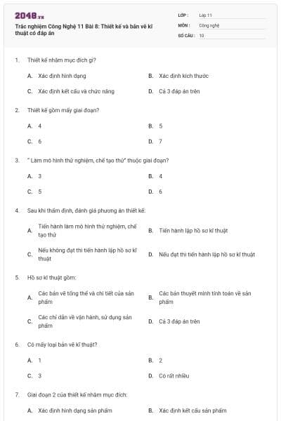 Trắc nghiệm Công Nghệ 11 Bài 8: Thiết kế và bản vẽ kĩ thuật có đáp án
