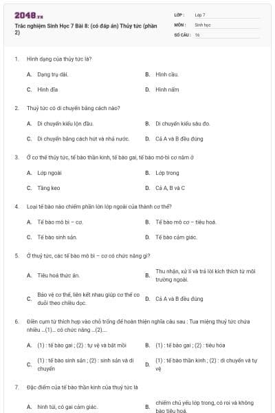 Trắc nghiệm Sinh Học 7 Bài 8: (có đáp án) Thủy tức (phần 2)