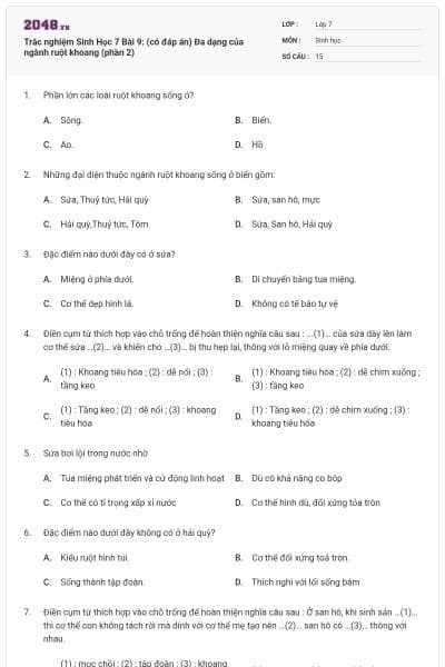 Trắc nghiệm Sinh Học 7 Bài 9: (có đáp án) Đa dạng của ngành ruột khoang (phần 2)