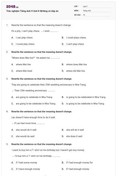 Trắc nghiệm Tiếng Anh 9 Unit 8 Writing có đáp án