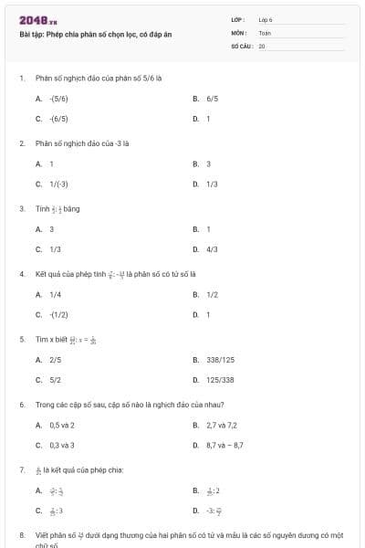 Bài tập: Phép chia phân số chọn lọc, có đáp án