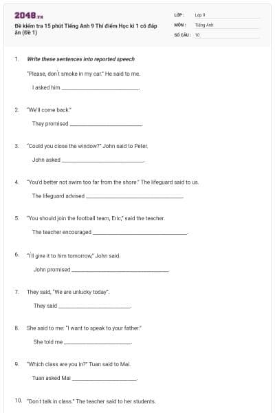 Đề kiểm tra 15 phút Tiếng Anh 9 Thí điểm Học kì 1 có đáp án (Đề 1)