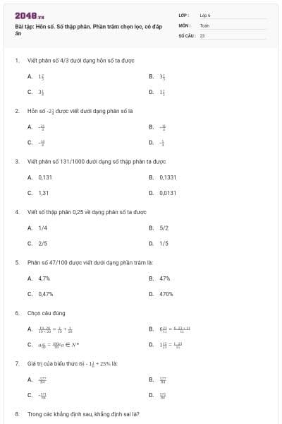 Bài tập: Hỗn số. Số thập phân. Phần trăm chọn lọc, có đáp án