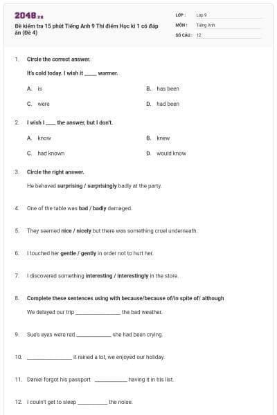 Đề kiểm tra 15 phút Tiếng Anh 9 Thí điểm Học kì 1 có đáp án (Đề 4)