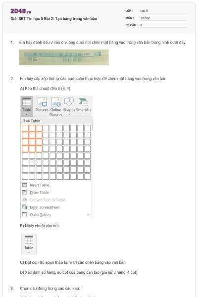 Giải SBT Tin học 5 Bài 2: Tạo bảng trong văn bản