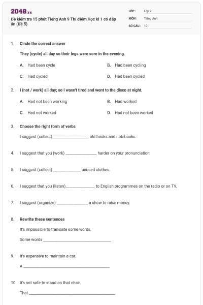Đề kiểm tra 15 phút Tiếng Anh 9 Thí điểm Học kì 1 có đáp án (Đề 5)