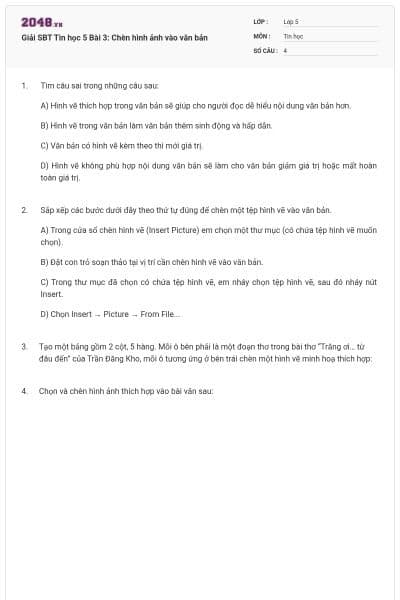 Giải SBT Tin học 5 Bài 3: Chèn hình ảnh vào văn bản