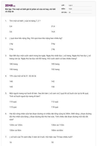 Bài tập: Tìm một số biết giá trị phân số của nó hay, chi tiết có đáp án