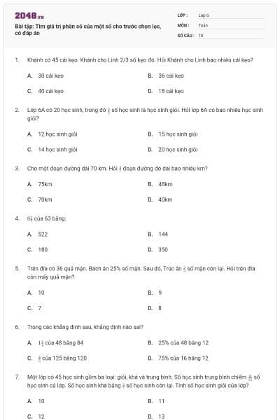 Bài tập: Tìm giá trị phân số của một số cho trước chọn lọc, có đáp án