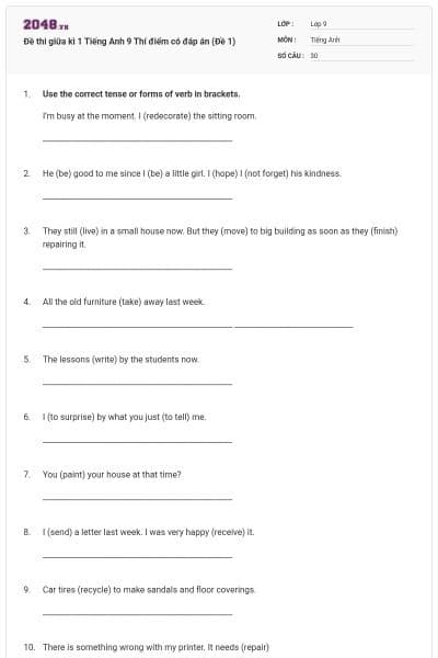 Đề thi giữa kì 1 Tiếng Anh 9 Thí điểm có đáp án (Đề 1)