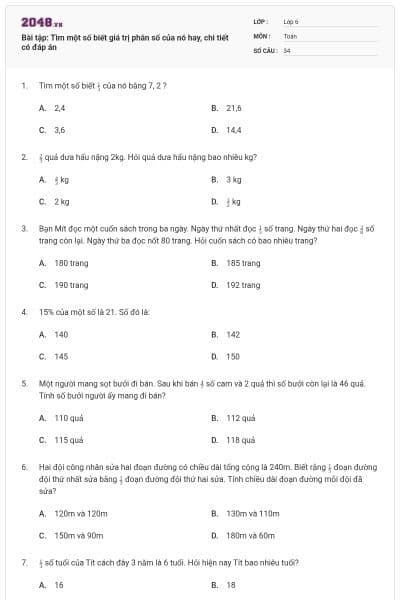 Bài tập: Tìm một số biết giá trị phân số của nó hay, chi tiết có đáp án