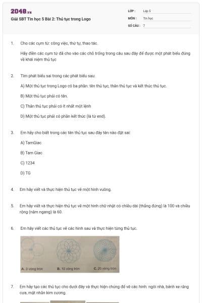 Giải SBT Tin học 5 Bài 2: Thủ tục trong Logo
