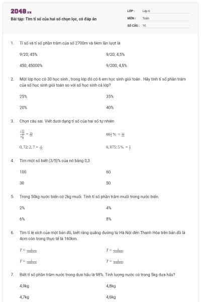 Bài tập: Tìm tỉ số của hai số chọn lọc, có đáp án
