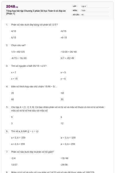 Tổng hợp bài tập Chương 3 phần Số học Toán 6 có đáp án (Phần 1)