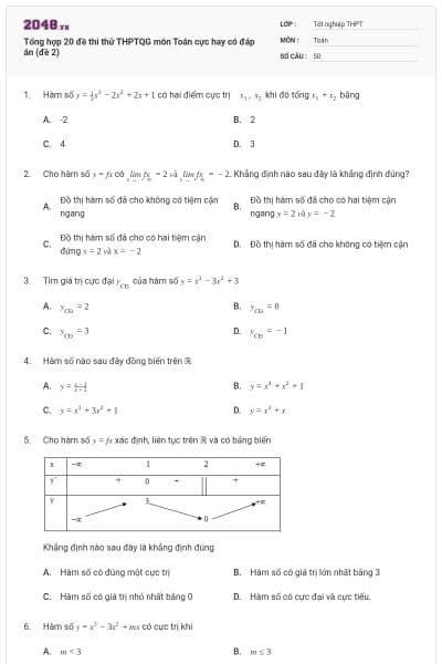 Tổng hợp 20 đề thi thử THPTQG môn Toán cực hay có đáp án (đề 2)