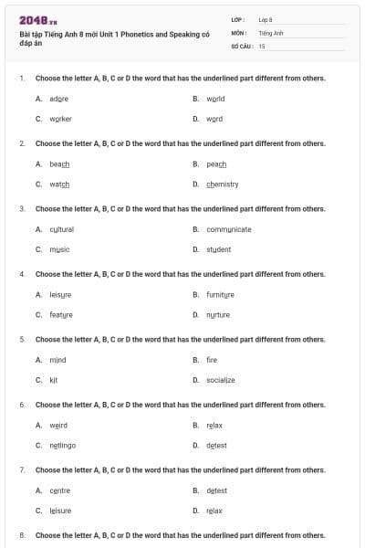 Bài tập Tiếng Anh 8 mới Unit 1 Phonetics and Speaking có đáp án