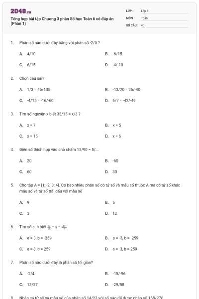 Tổng hợp bài tập Chương 3 phần Số học Toán 6 có đáp án (Phần 1)