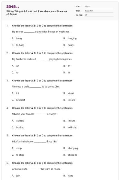 Bài tập Tiếng Anh 8 mới Unit 1 Vocabulary and Grammar có đáp án