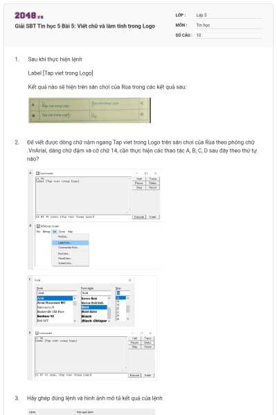 Giải SBT Tin học 5 Bài 5: Viết chữ và làm tính trong Logo