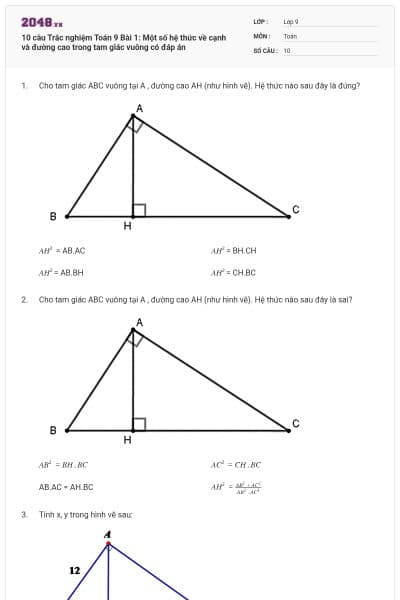 10 câu Trắc nghiệm Toán 9 Bài 1: Một số hệ thức về cạnh và đường cao trong tam giác vuông có đáp án