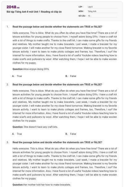Bài tập Tiếng Anh 8 mới Unit 1 Reading có đáp án