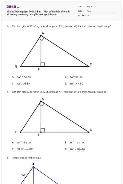 10 câu Trắc nghiệm Toán 9 Bài 1: Một số hệ thức về cạnh và đường cao trong tam giác vuông có đáp án