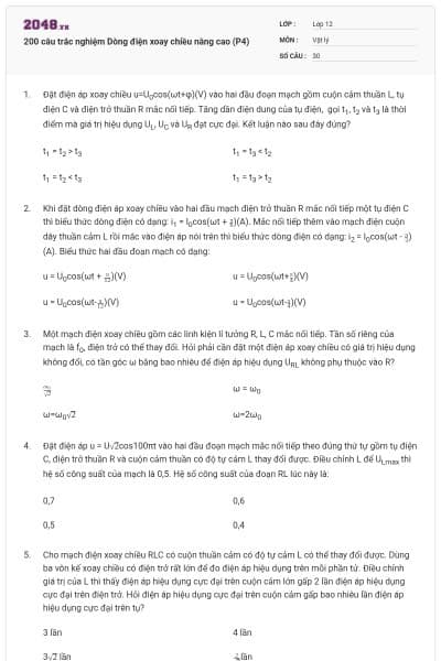 200 câu trắc nghiệm Dòng điện xoay chiều nâng cao (P4)