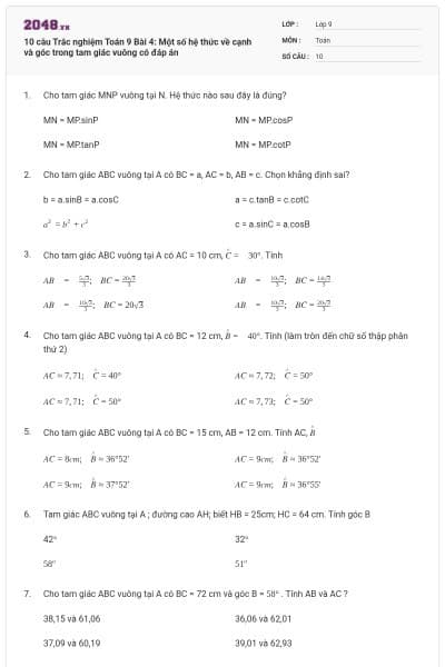 10 câu Trắc nghiệm Toán 9 Bài 4: Một số hệ thức về cạnh và góc trong tam giác vuông có đáp án