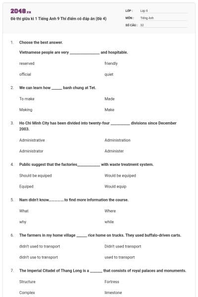 Đề thi giữa kì 1 Tiếng Anh 9 Thí điểm có đáp án (Đề 4)