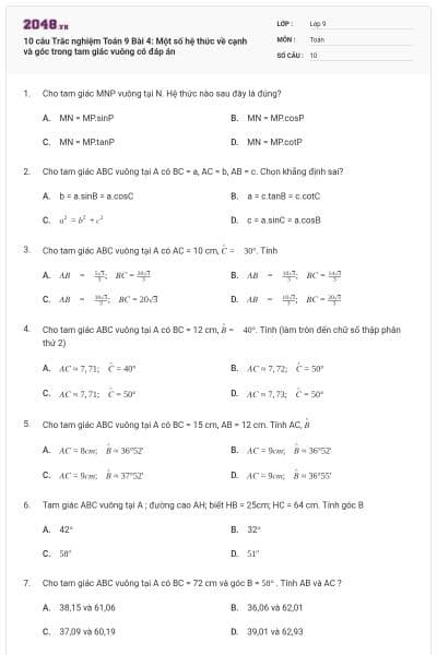 10 câu Trắc nghiệm Toán 9 Bài 4: Một số hệ thức về cạnh và góc trong tam giác vuông có đáp án