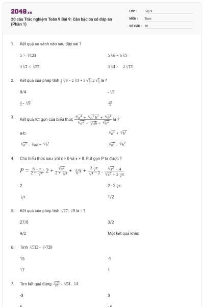 20 câu Trắc nghiệm Toán 9 Bài 9: Căn bậc ba có đáp án (Phần 1)