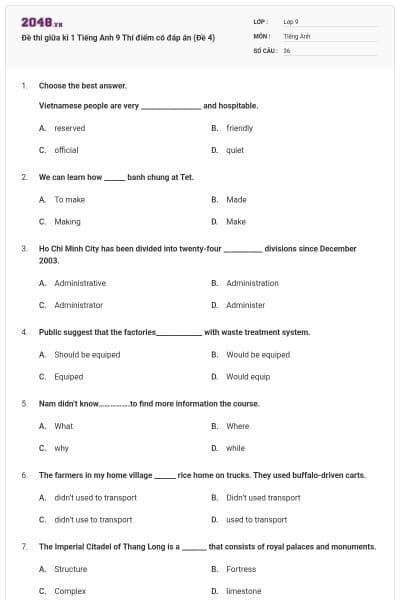 Đề thi giữa kì 1 Tiếng Anh 9 Thí điểm có đáp án (Đề 4)