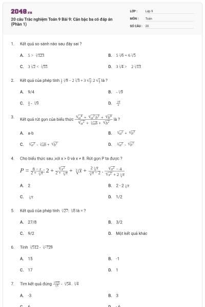 20 câu Trắc nghiệm Toán 9 Bài 9: Căn bậc ba có đáp án (Phần 1)