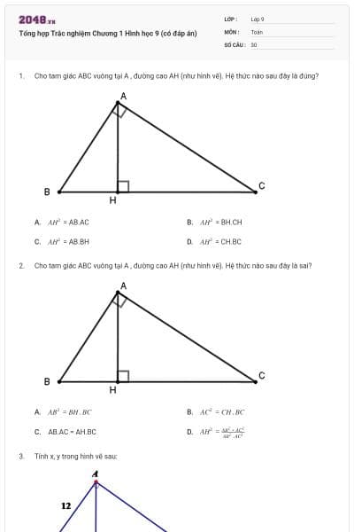 Tổng hợp Trắc nghiệm Chương 1 Hình học 9 (có đáp án)