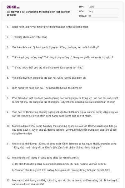 Bài tập Vật lí 10: Động năng, thế năng, định luật bảo toàn cơ năng
