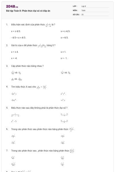 Bài tập Toán 8: Phân thức đại số có đáp án