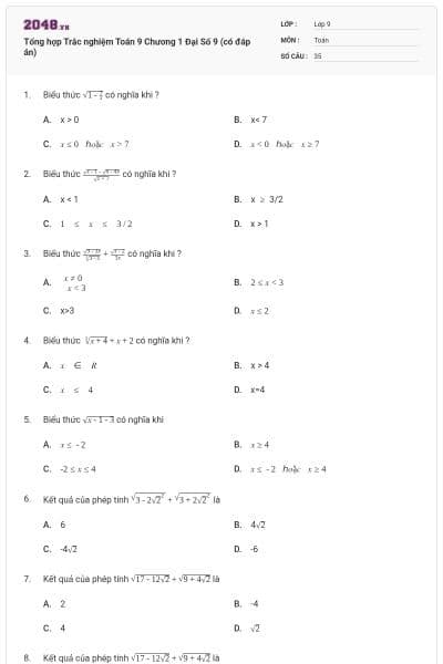 Tổng hợp Trắc nghiệm Toán 9  Chương 1 Đại Số 9 (có đáp án)