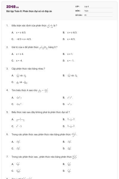 Bài tập Toán 8: Phân thức đại số có đáp án