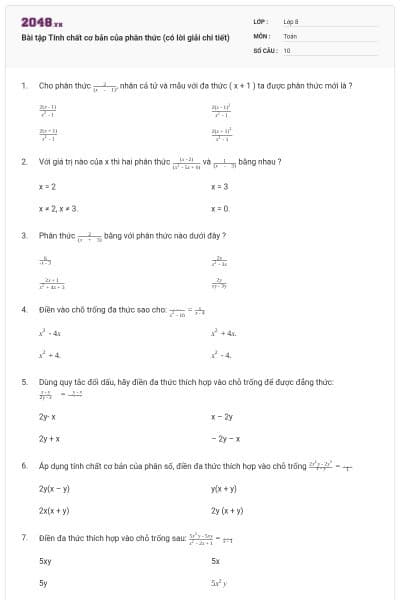 Bài tập Tính chất cơ bản của phân thức (có lời giải chi tiết)