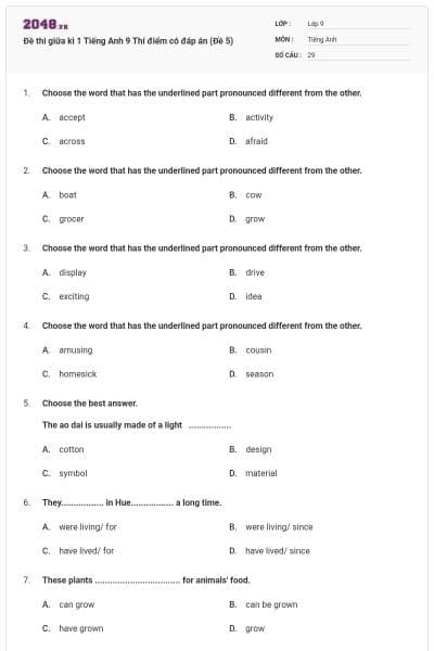 Đề thi giữa kì 1 Tiếng Anh 9 Thí điểm có đáp án (Đề 5)