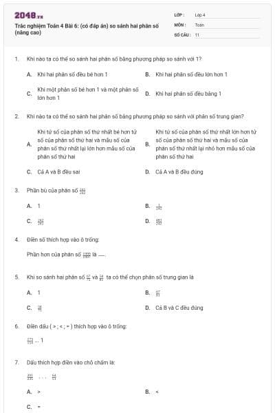 Trắc nghiệm Toán 4 Bài 6: (có đáp án) so sánh hai phân số (nâng cao)