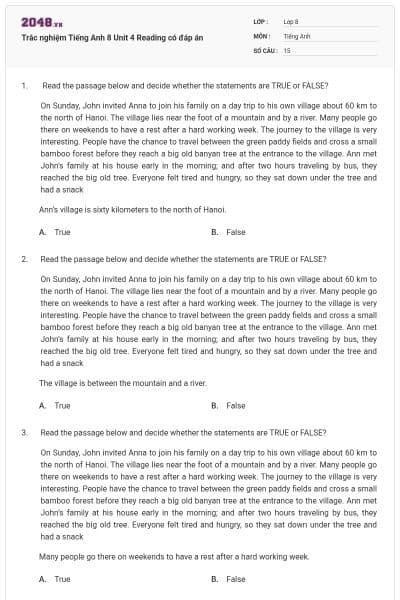 Trắc nghiệm Tiếng Anh 8 Unit 4 Reading có đáp án