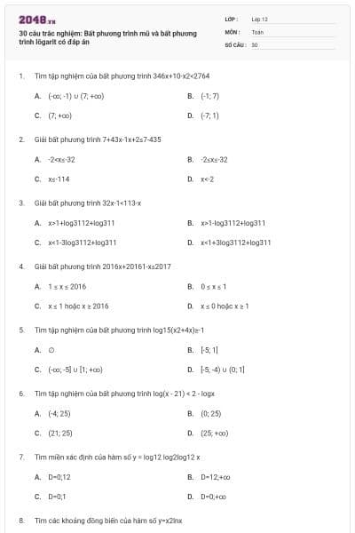 30 câu trắc nghiệm: Bất phương trình mũ và bất phương trình lôgarit có đáp án