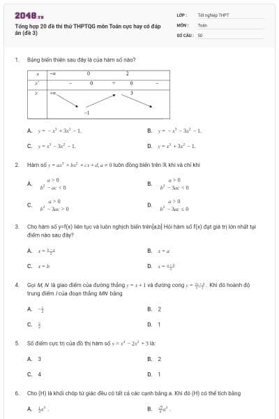 Tổng hợp 20 đề thi thử THPTQG môn Toán cực hay có đáp án (đề 3)
