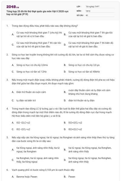 Tổng hợp 20 đề thi thử thpt quốc gia môn Vật lí 2020 cực hay có lời giải (P19)