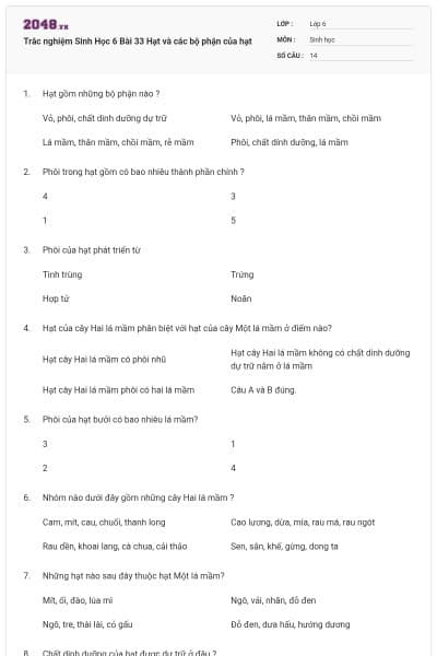 Trắc nghiệm Sinh Học 6 Bài 33 Hạt và các bộ phận của hạt