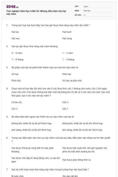 Trắc nghiệm Sinh Học 6 Bài 35: Những điều kiện cho hạt nảy mầm